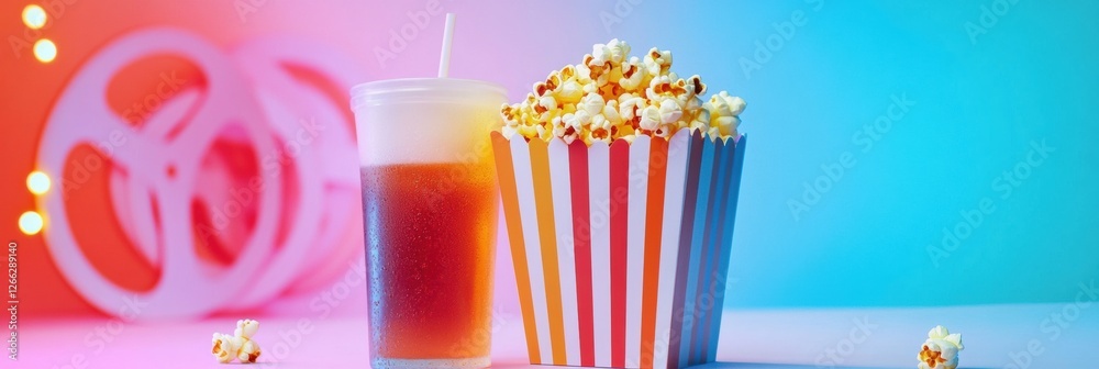 Poster enjoying movie snacks with soda and popcorn in vibrant colors and creative lighting in a cozy atmosp