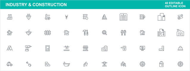 Editable Outline Style Industrial and Construction Icons for Banner Design, Icon Set