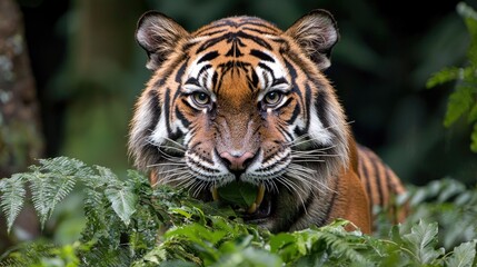 Fototapeta premium Majestic tiger peering from jungle foliage