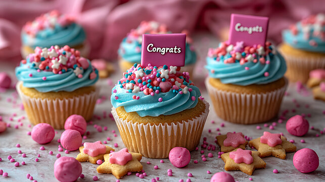 Colorful Graduation Cupcakes and Cookies with Congrats text, Festive Celebration in pink and blue colors