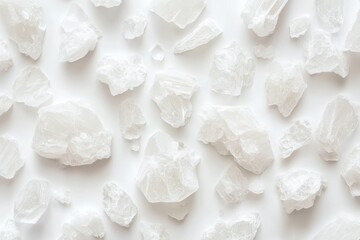 Scattered selenite crystals on white. Perfect for blogs, websites, or spiritual product visuals.
