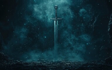 Naklejka premium A Majestic Sword Stands in a Mystical Dark Realm