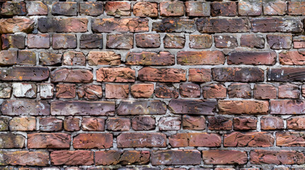 Obraz premium Old brick wall with various textures and colors, showcasing rustic appearance. weathered bricks display shades of red, brown, and gray, adding character to structure