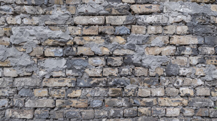Fototapeta premium textured wall made of gray and beige bricks, showcasing wear and age. uneven surface adds character and depth to structure, making it visually interesting