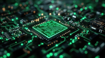Fototapeta premium Close-up of a glowing green circuit board. Ideal for tech, innovation, and AI projects.
