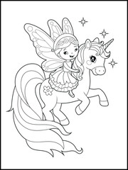 Black and white fairy coloring pages for kids. Children's coloring books with cute cartoon fairy and unicorn characters, fun and educational materials for kindergarten.
