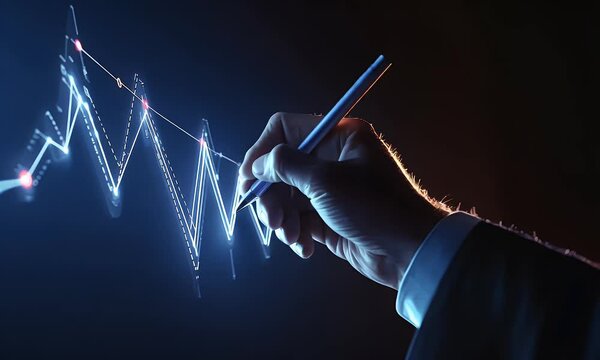 Business Hand Drawing a Fluctuating Chart on a Dark Background