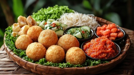 Crispy Asian Balls with Vegetables and Dips on Wicker Tray