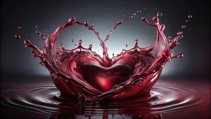 Deep red wine splashes on a dark abstract background creating a splash of heart-shaped ripples and curves , heart shape, watercolor inspiration