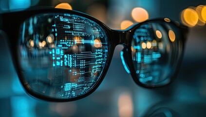 Futuristic eyeglasses with digital code reflection, night city bokeh background.  Possible use technology, future, innovation