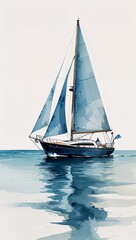 Fototapeta premium A Sailboat Floating on a Calm Ocean watercolor in Marine & Seascapes on plain white background