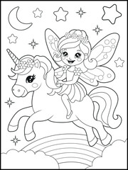Black and white fairy coloring pages for kids. Children's coloring books with cute cartoon fairy and unicorn characters, fun and educational materials for kindergarten.
