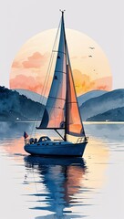 A Sailboat at Dawn on Calm Waters watercolor in Marine & Seascapes on plain white background