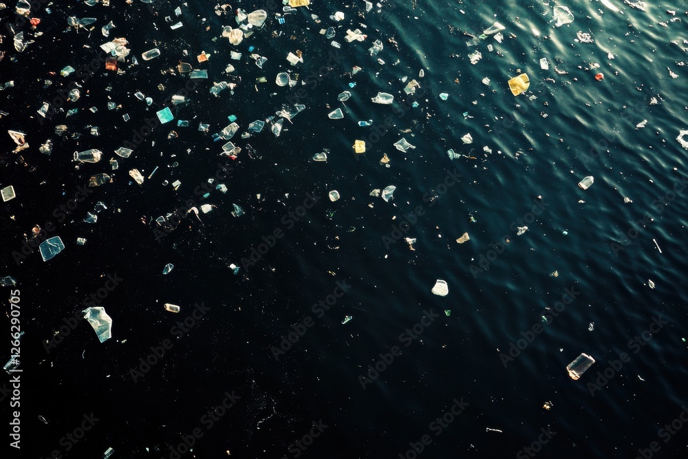 Poster floating plastic waste accumulates on ocean surface highlighting environmental crisis and pollution 
