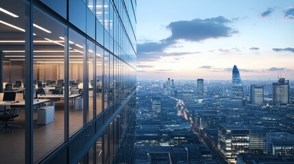 Fototapeta premium Modern office building overlooking a city skyline at dusk.