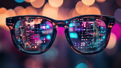 Futuristic glasses with digital circuit reflections in urban setting