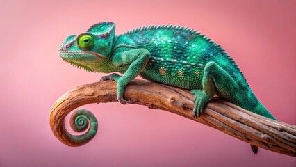 A vibrant green chameleon gracefully perched on a curved branch against a soft pink backdrop, showcasing its intricate scales and striking eyes