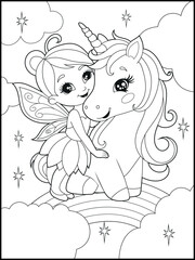 Black and white fairy coloring pages for kids. Children's coloring books with cute cartoon fairy and unicorn characters, fun and educational materials for kindergarten.
