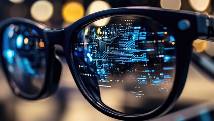 Futuristic glasses reflecting digital circuit in city night