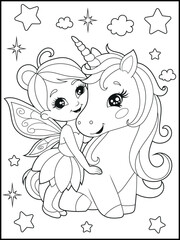 Black and white fairy coloring pages for kids. Children's coloring books with cute cartoon fairy and unicorn characters, fun and educational materials for kindergarten.

