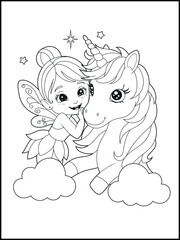 Black and white fairy coloring pages for kids. Children's coloring books with cute cartoon fairy and unicorn characters, fun and educational materials for kindergarten.
