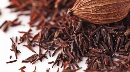 Close-up of aromatic tea leaves scattered on a white surface with a spice pod in focus