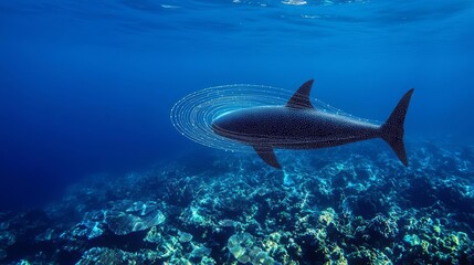 Fototapeta premium Submarine Technology Stealth Military Graceful shark swimming in clear ocean waters.