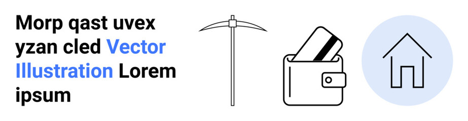 Fototapeta premium Wallet holding credit cards, a pickaxe, and a house icon with a blue circle background. Ideal for finance, real estate, investment, security, housing personal finance and online banking. Landing