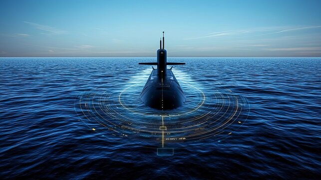Submarine Technology Stealth Military Abstract radar interface with glowing stealth submarine silhouette