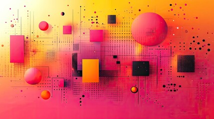 Abstract geometric shapes in vibrant pink and orange hues, creating a dynamic digital background