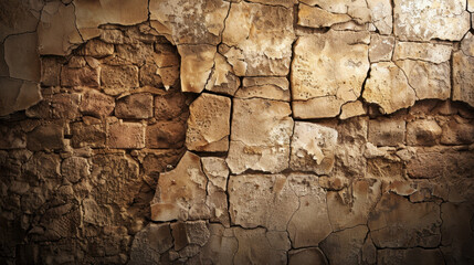 Fototapeta premium Cracked and weathered wall texture with peeling paint and rough surface, showcasing earthy tones and rustic appearance