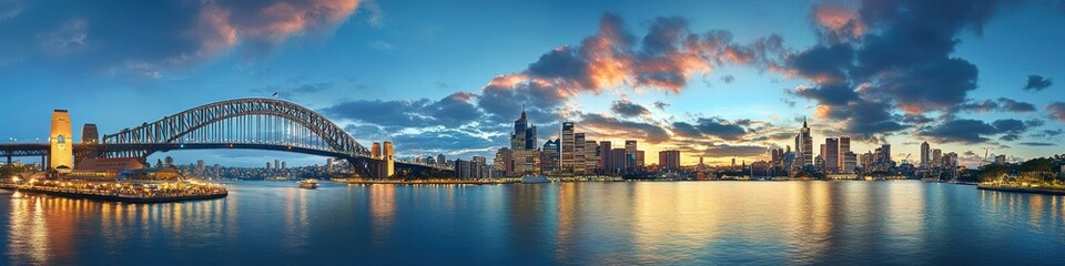 Obraz premium Panoramic view of a city skyline at sunset with a prominent bridge and water reflection.
