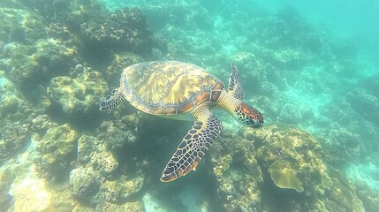 Obraz premium A serene green sea turtle gliding gracefully over vibrant coral reefs in a clear ocean