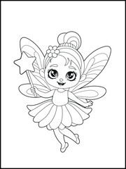 Black and white fairy coloring pages for kids. Children's coloring books with cute cartoon fairy characters, fun and educational materials for kindergarten.
