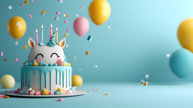 A whimsical 3D rendered scene of a unicorn s birthday party featuring a colorful cake adorned with floating pastel colored candles and sprinkles of confetti in the air
