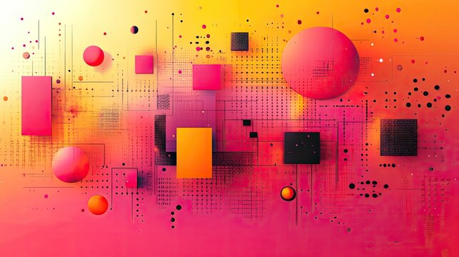 Abstract geometric shapes in vibrant pink and orange hues, creating a dynamic digital background