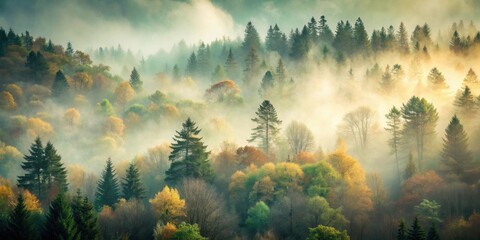 Naklejka premium Misty Autumn Forest Scene Golden Sunlight Illuminates a Serene Landscape of Trees and Fog