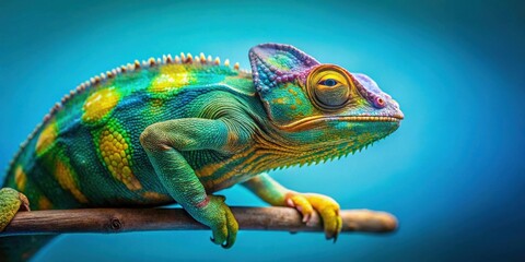 Obraz premium Vibrant Chameleon Perched on Branch Against a Teal Background, showcasing intricate scales and striking color variations.