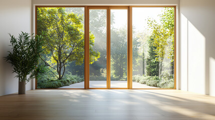Empty Blank white interior room with warm wood floor, large floor to ceiling glass windows and doors, open to outdoor patio backyard garden. minimal airy modern interior space for mockup and design