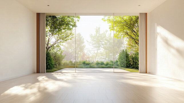 Fototapeta Empty Blank white interior room with warm wood floor, large floor to ceiling glass windows and doors, open to outdoor patio backyard garden. minimal airy modern interior space for mockup and design