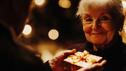 Naklejka premium Elderly woman receiving a golden gift box from a loved one during a cozy evening.