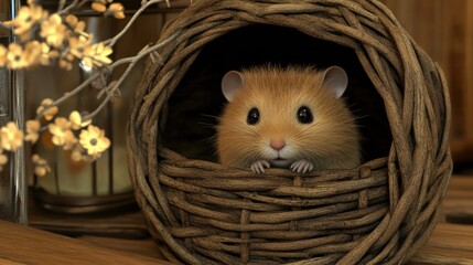 Cute Hamster in Basket, Cozy Home Decor