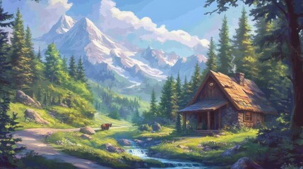 Mountain cabin, cow, stream, forest, Alps