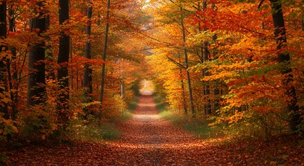 Fototapeta premium Walking Path Through Colorful Autumn Forest Landscape with Vibrant Foliage