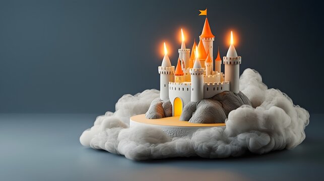 A 3D rendered image of a grand castle like cake structure adorned with glowing birthday candles resembling torches floating amidst fluffy clouds in a dreamlike fantastical setting