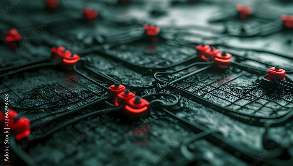 Aufkleber Abstract network of red glowing buttons on dark circuit board