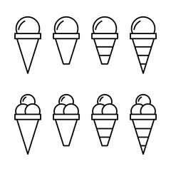 Vector illustrations of ice cream in various forms including cones, popsicle, and cup. Ice cream Icon Set. Ice Cream Vector Icon in line style design.