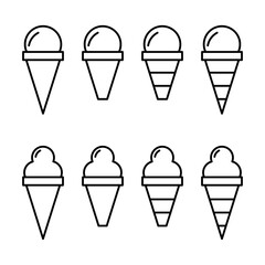 Vector illustrations of ice cream in various forms including cones, popsicle, and cup. Ice cream Icon Set. Ice Cream Vector Icon in line style design.