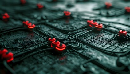 Abstract network of red glowing buttons on dark circuit board