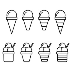 Vector illustrations of ice cream in various forms including cones, popsicle, and cup. Ice cream Icon Set. Ice Cream Vector Icon in line style design.